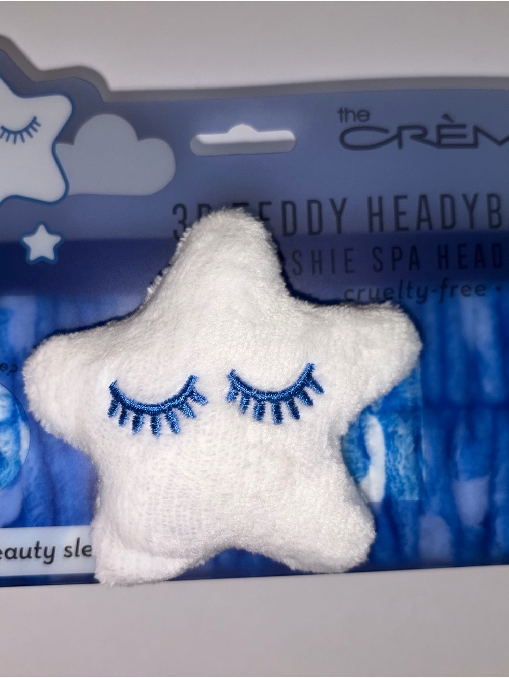 The Crème Shop Plush Star Headband - White with Blue Embroidery